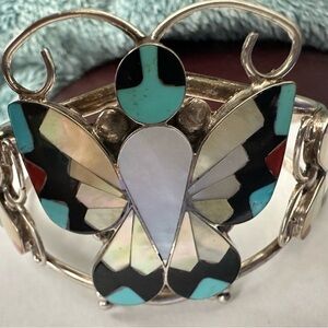 Zuni Handmade Sterling Silver Butterfly Cuff Bracelet Multicolor 7"